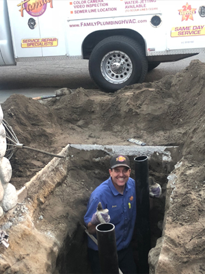 Brian Berck during sewer main line repair by Family Plumbing, Heating & Air, Inc.